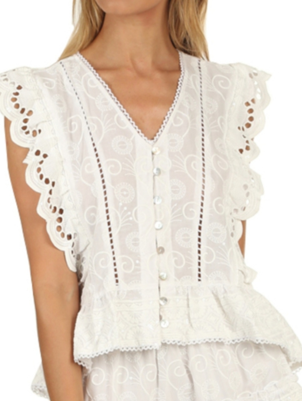 MISA Rani Eyelet Ruffle Blouse Top Shirt Womens XS White Embroidered Sequins